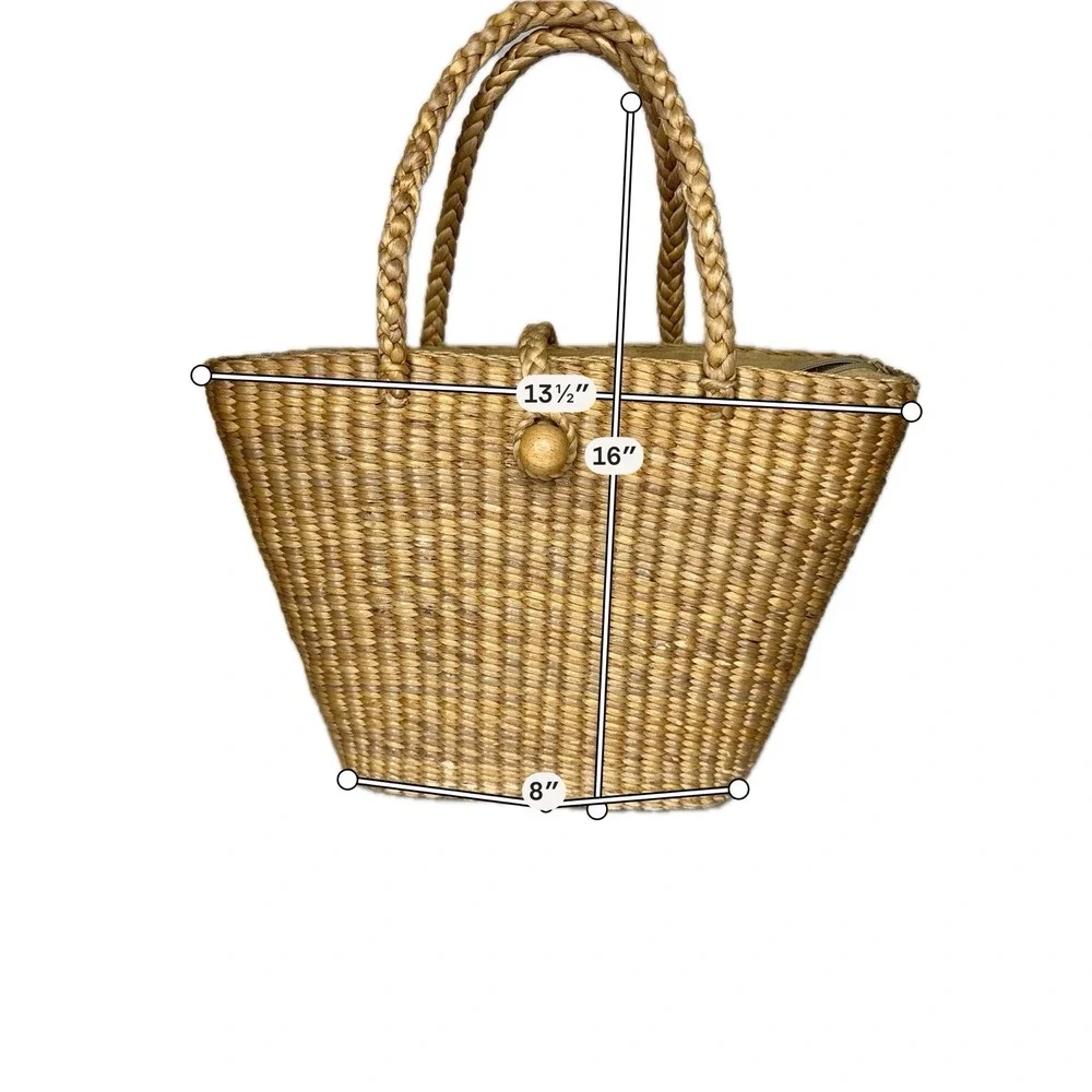 Vintage Handwoven Straw Wicker Purse Market Tote Bag Wooden Rattan Boho Beach